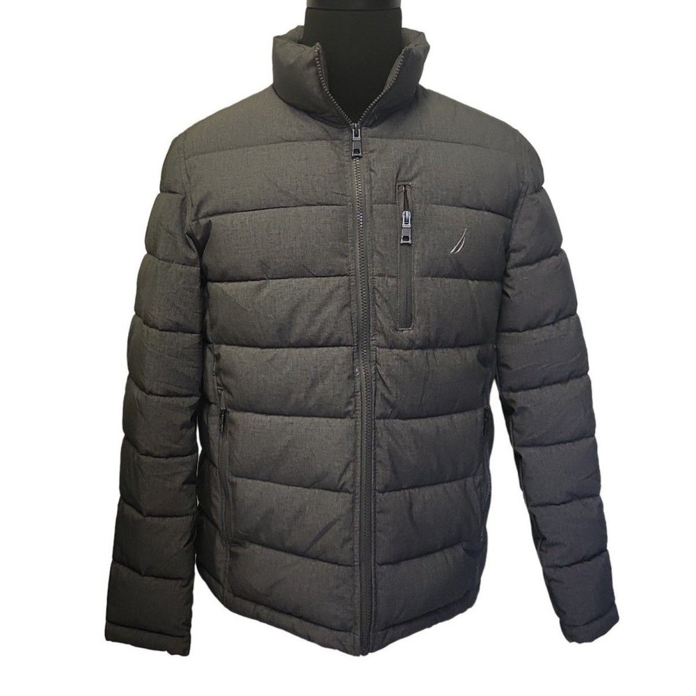 Nautica Mens Gray Quilted Zipper Pockets Long Sleeve Puffer Jacket Size Medium